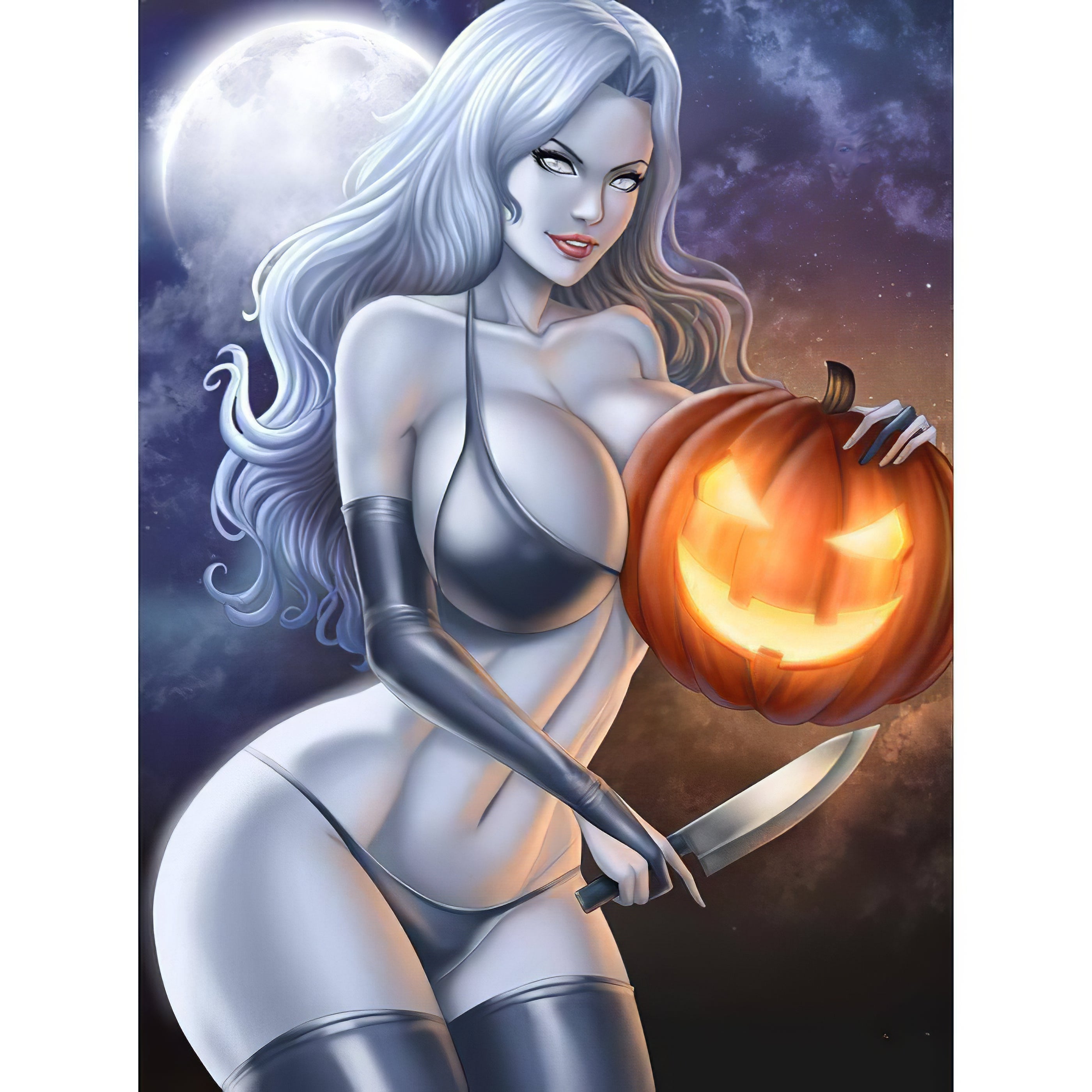 Una pintura de diamantes llamado 'Dama Muerte Halloween Calabaza Luna' - Meencantalapinturadediamantes