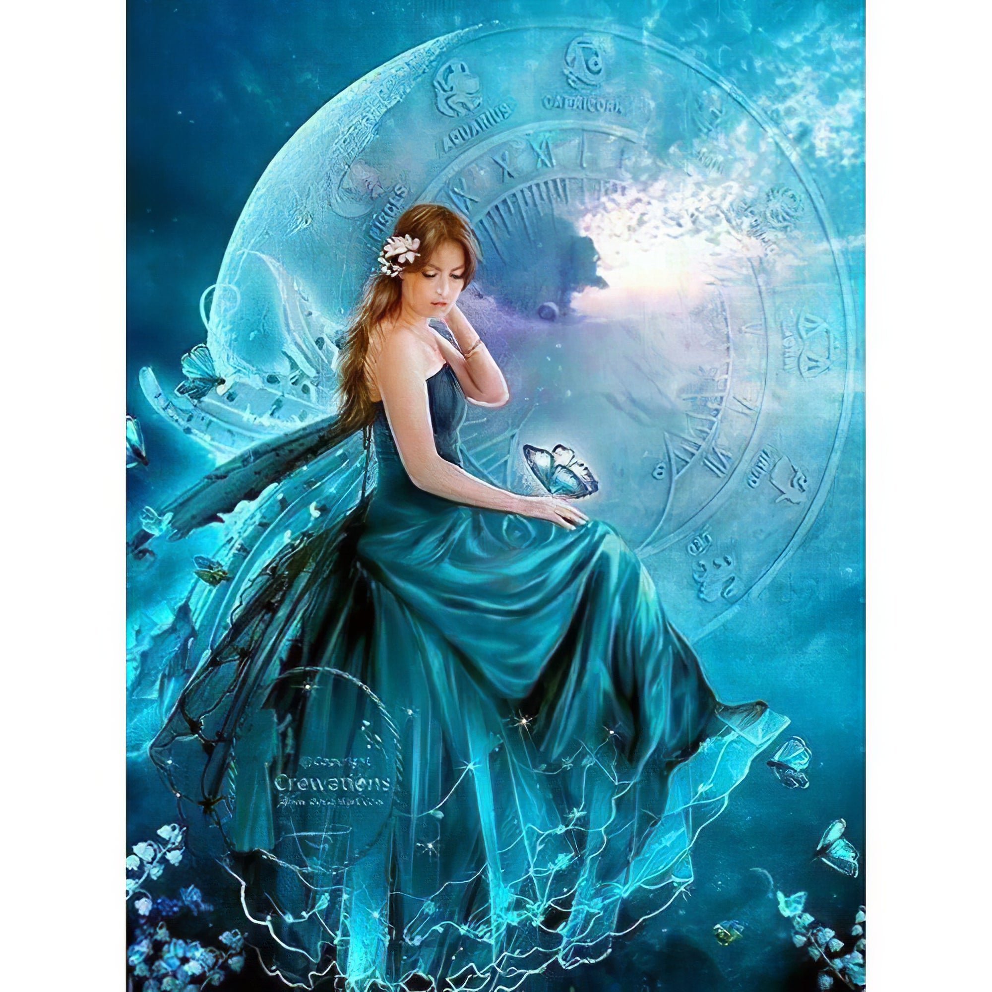 Una pintura de diamantes llamado 'Chica Fantasía Luna Verde' - Meencantalapinturadediamantes