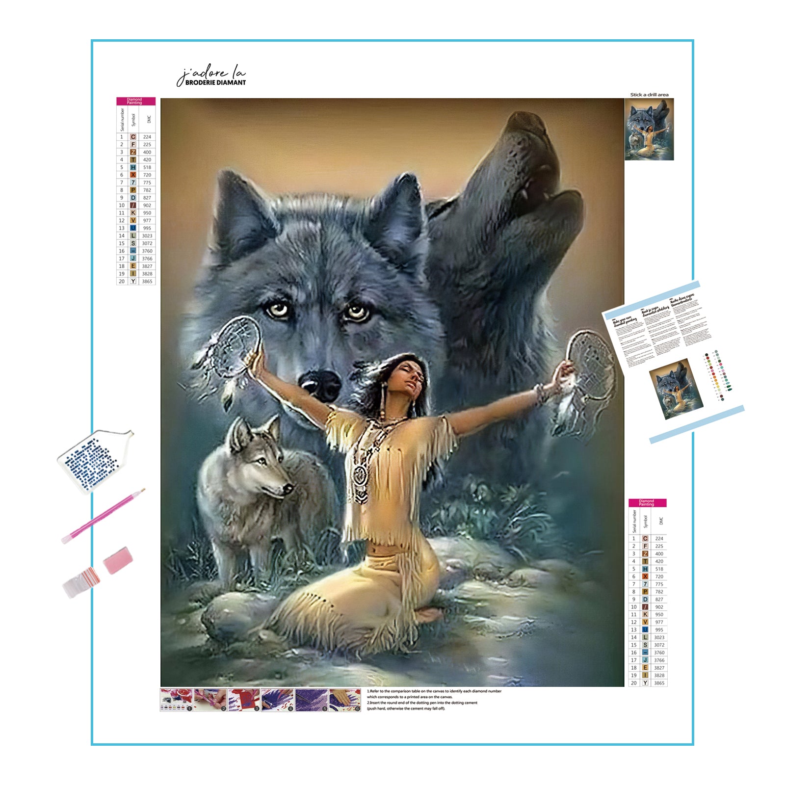 Una pintura de diamantes llamado 'Mujer india y lobo' - Meencantalapinturadediamantes