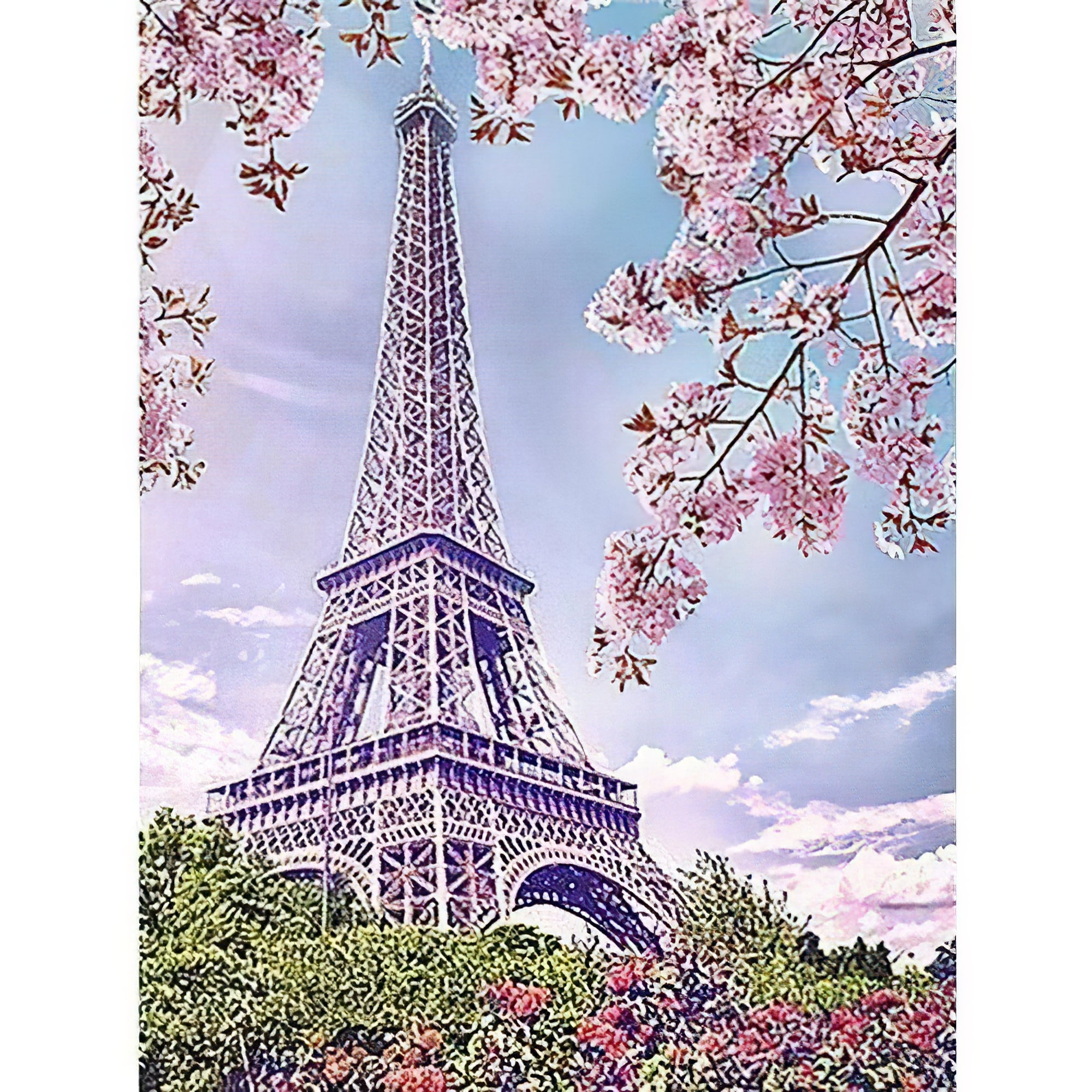 Una pintura de diamantes llamado 'Flores de cerezo con la Torre Eiffel' - Meencantalapinturadediamantes