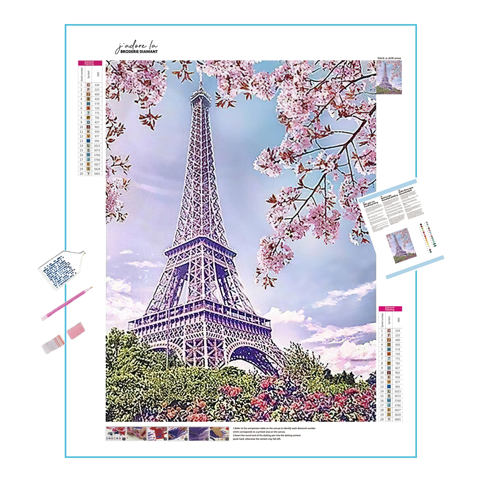 Una pintura de diamantes llamado 'Flores de cerezo con la Torre Eiffel' - Meencantalapinturadediamantes