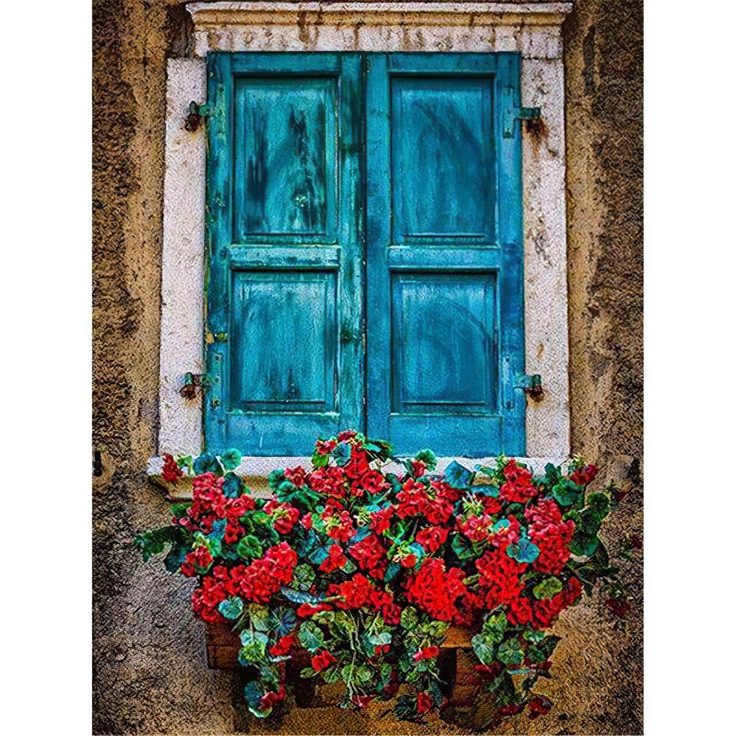 Una pintura de diamantes llamado 'Flores rojas en la ventana' - Meencantalapinturadediamantes