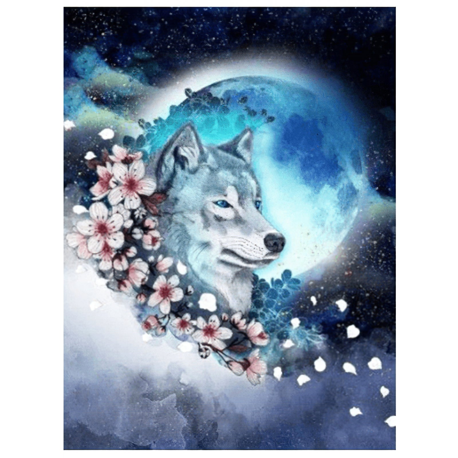 Una pintura de diamantes llamado 'Lobo, Universo y Flor Estrella' - Meencantalapinturadediamantes