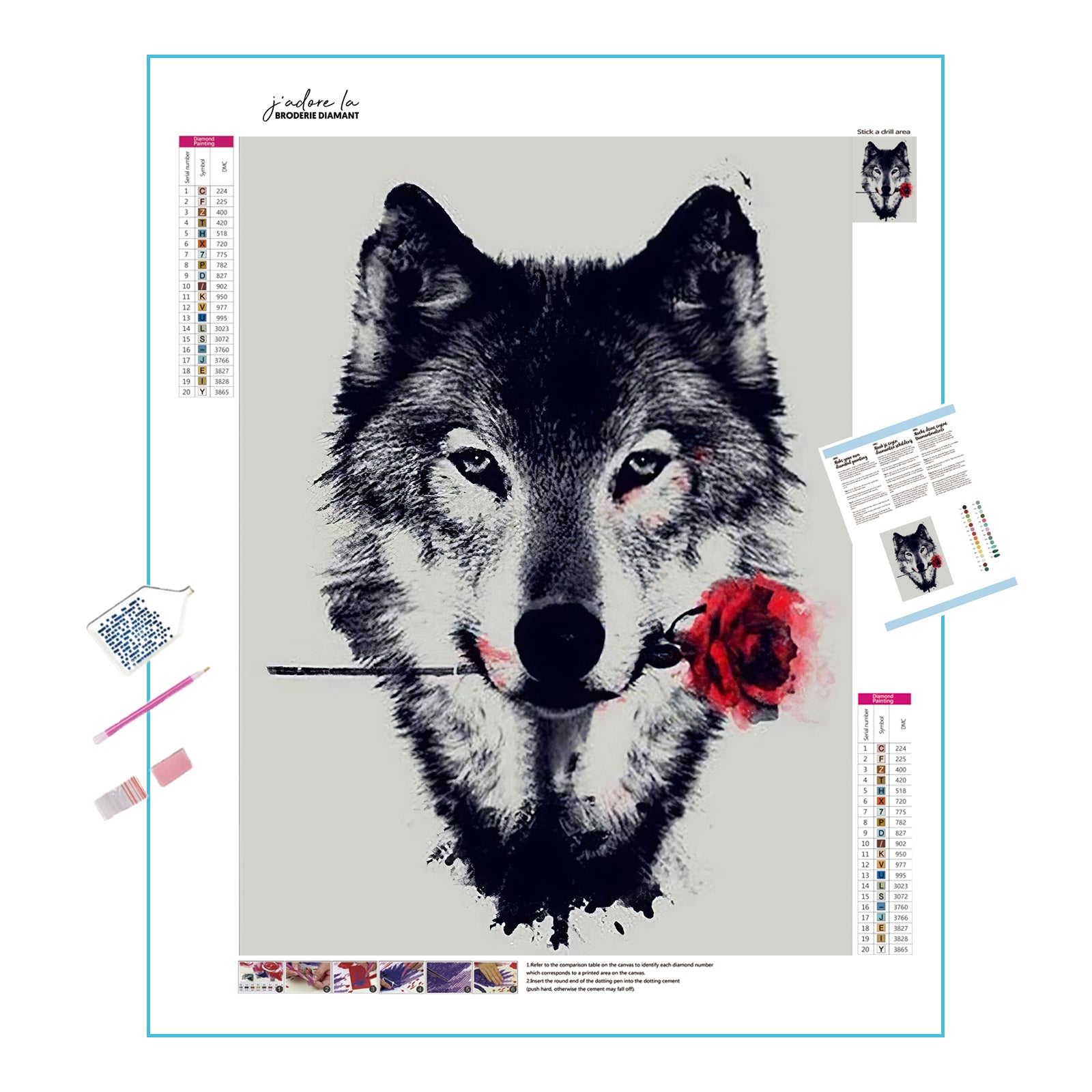 Una pintura de diamantes llamado 'Lobo con flor' - Meencantalapinturadediamantes