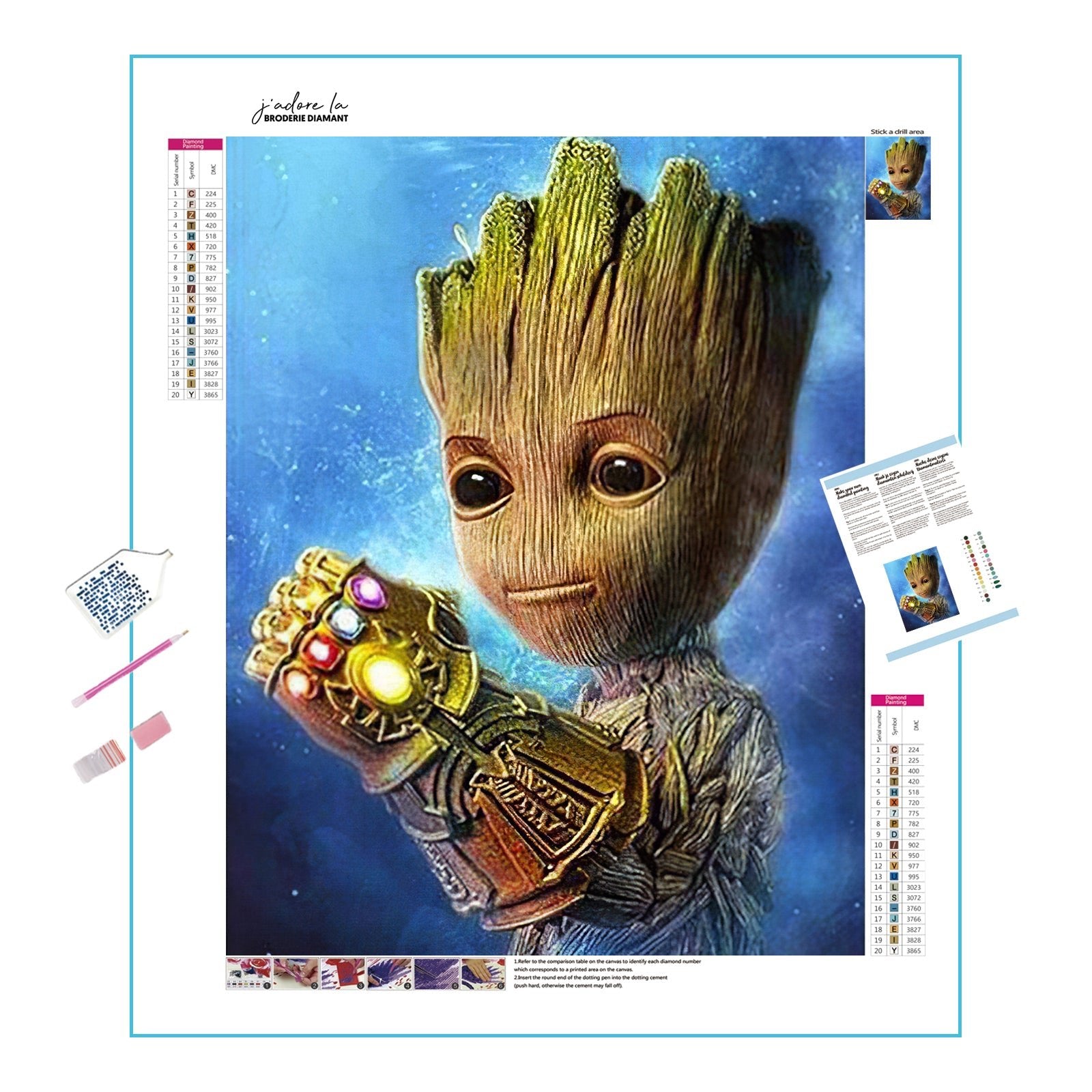 Una pintura de diamantes llamado 'Marvel Groot con el Guantelete del Infinito' - Meencantalapinturadediamantes