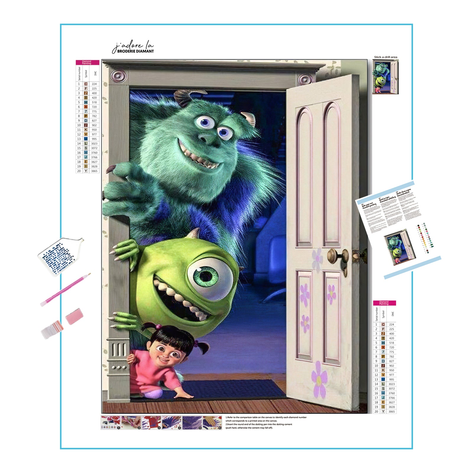 Pintura de diamante de Sulley, Mike y Boo de "Monsters, Inc." junto a una puerta con flores.