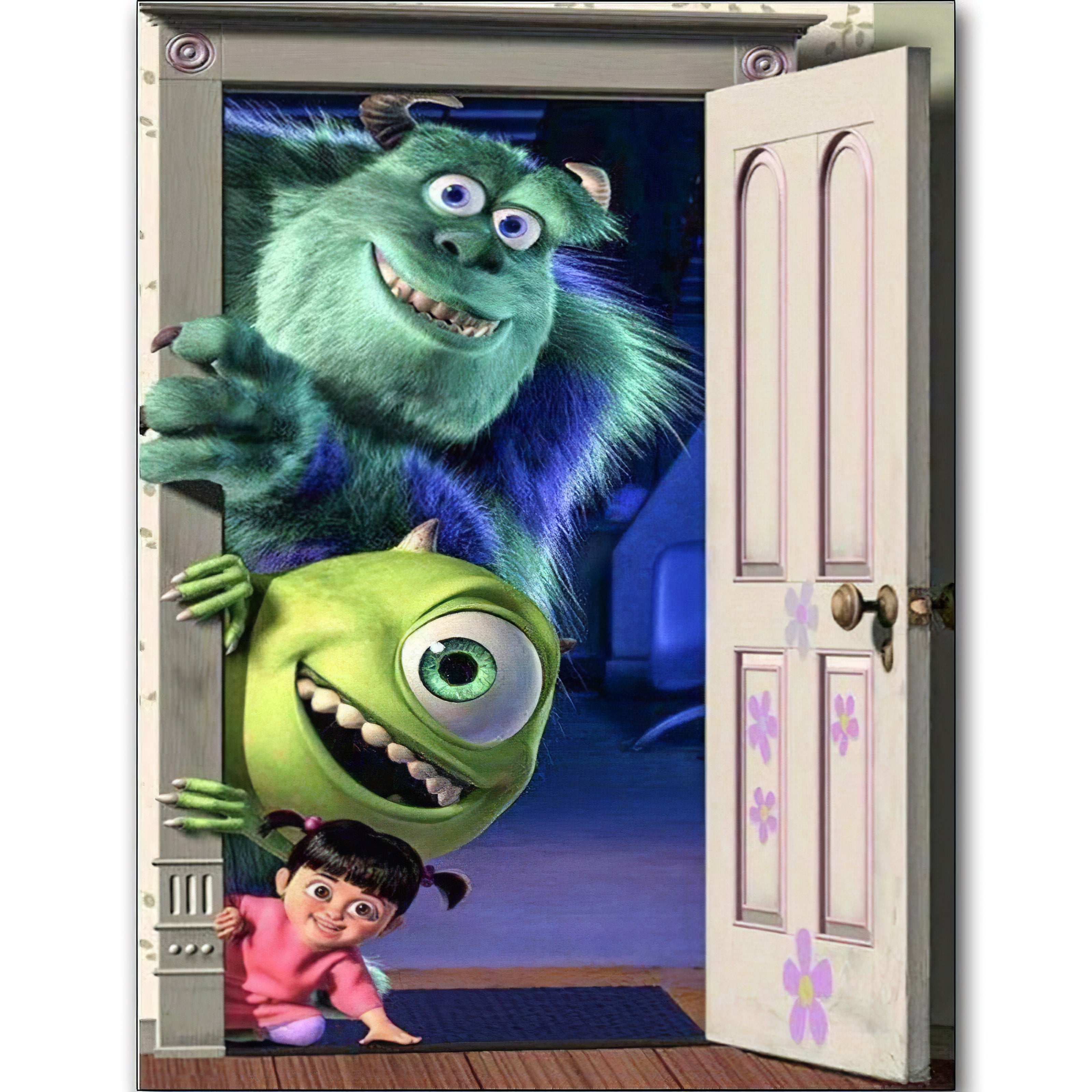 Pintura de diamante de Sulley, Mike y Boo de "Monsters, Inc." junto a una puerta con flores.