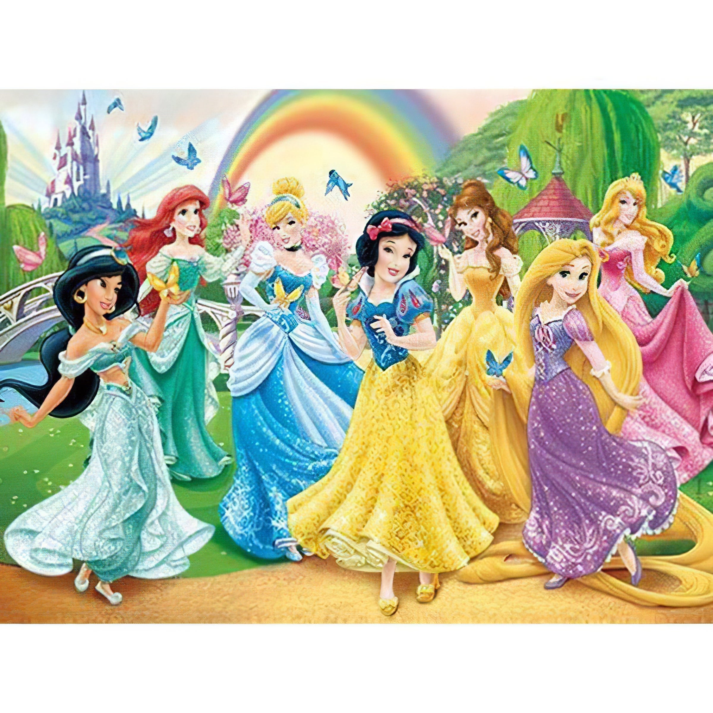 Una pintura de diamantes de una foto grupal de las princesas de Disney.