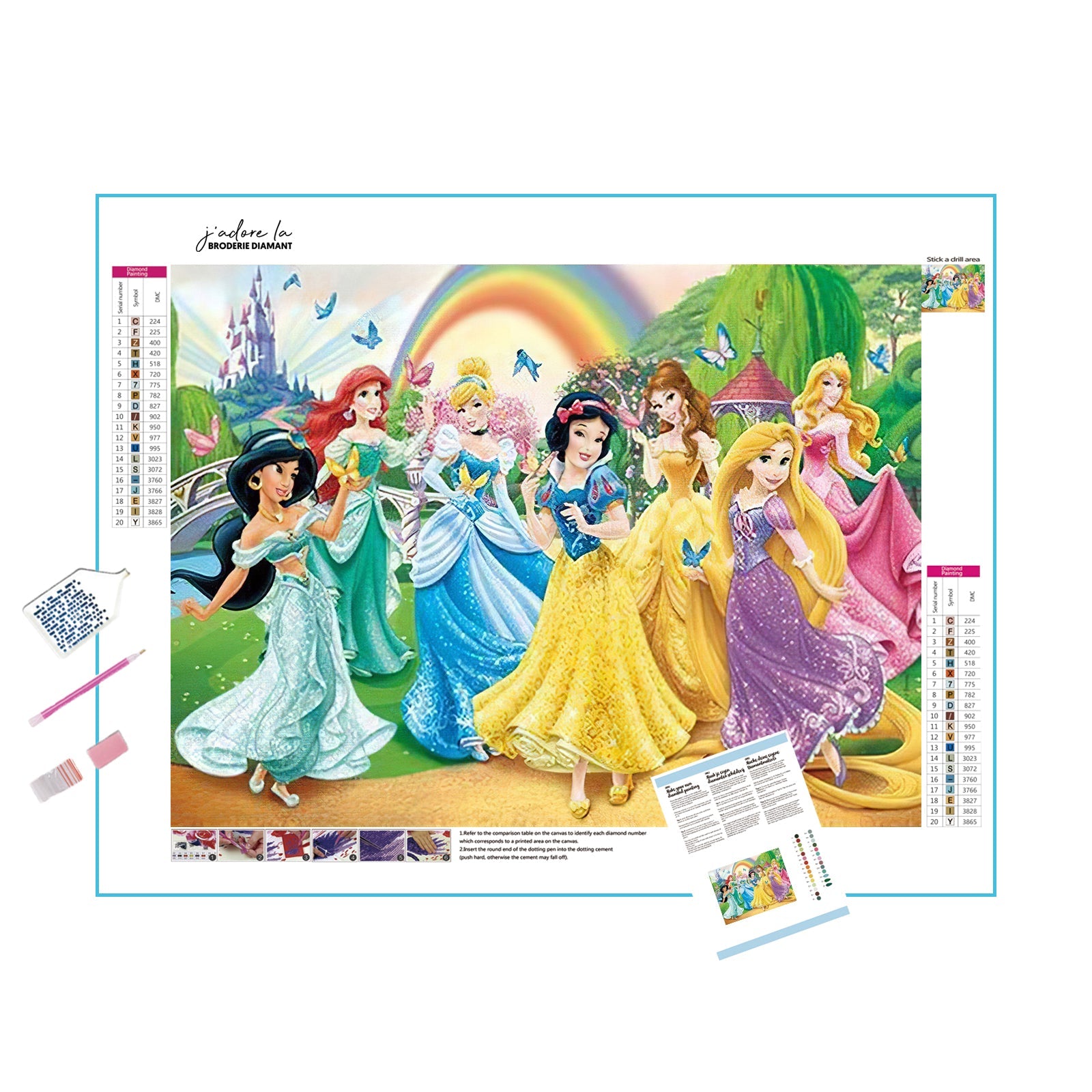 Una pintura de diamantes de una foto grupal de las princesas de Disney.