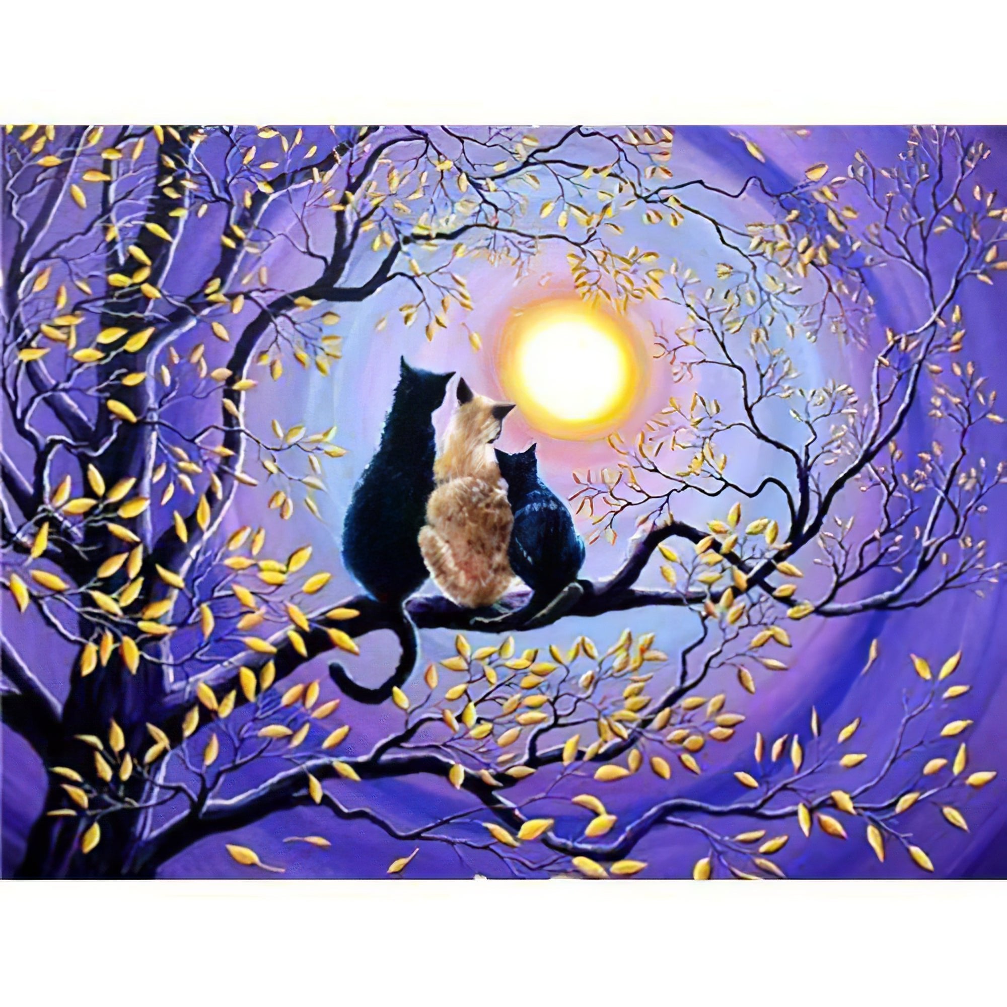 Una pintura de diamantes llamado 'Tres gatos sentados en un árbol a la luz de la luna' - Meencantalapinturadediamantes