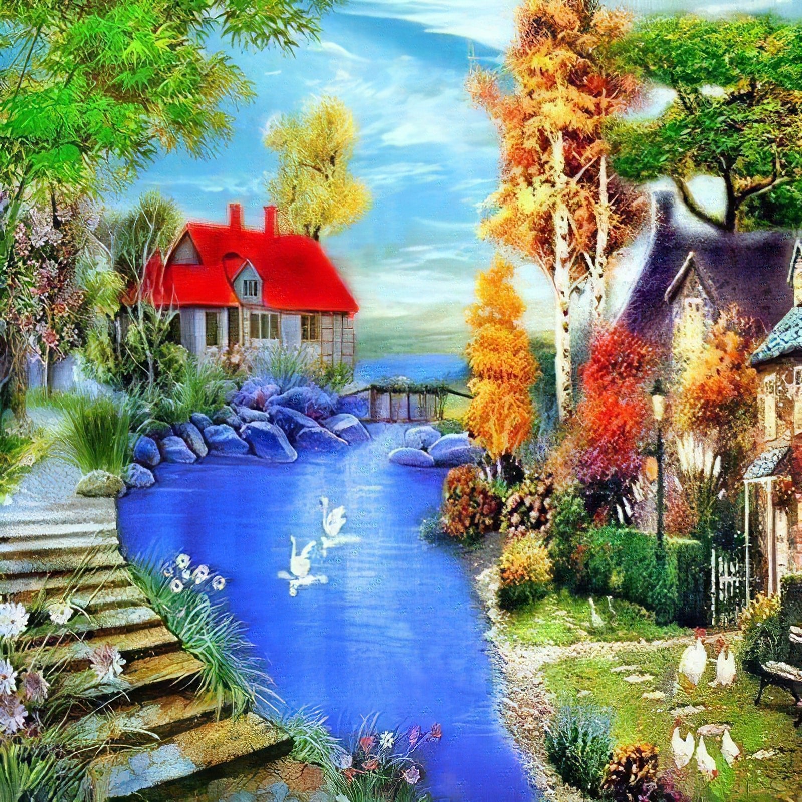 Una pintura de diamantes llamado 'Una casa roja y un pequeño estanque' - Meencantalapinturadediamantes