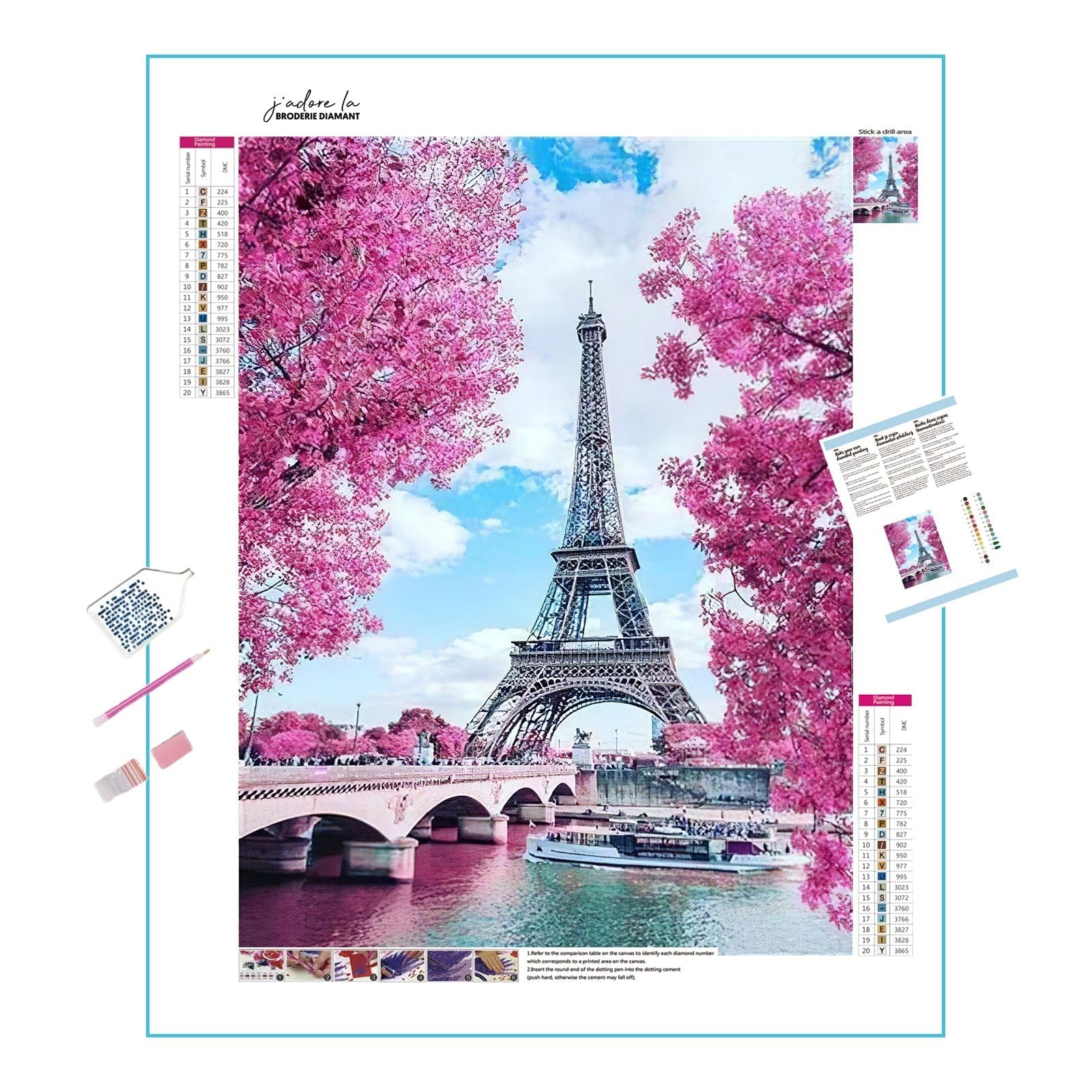 Una pintura de diamantes llamado 'Torre Eiffel con flores rosas' - Meencantalapinturadediamantes