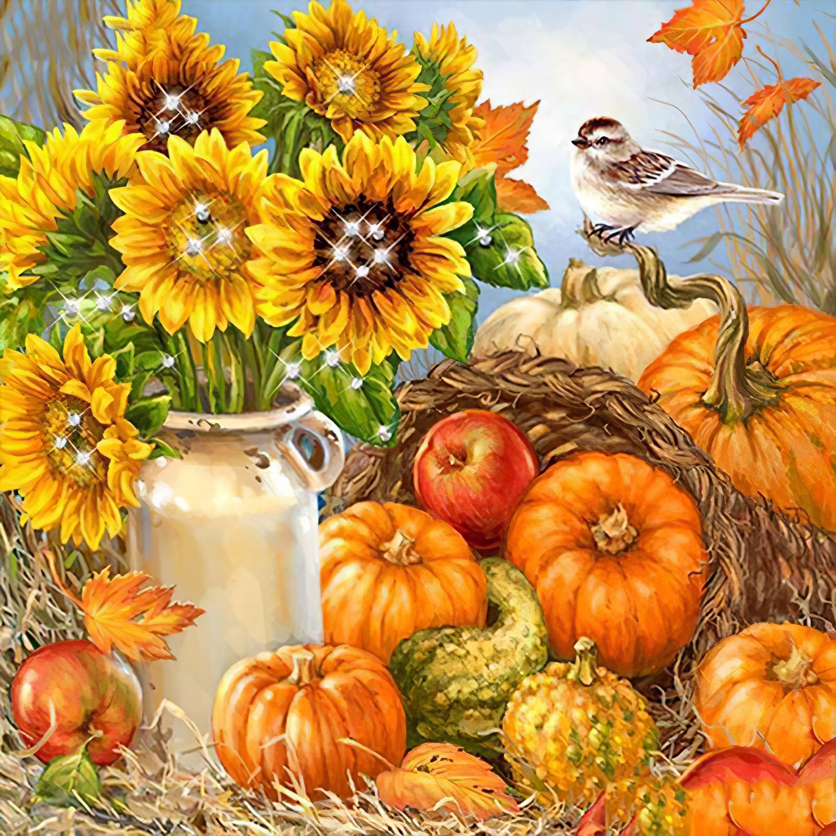 Una pintura de diamantes llamado 'Tournesol Halloween Citrouilles Et L'Oiseau' - Meencantalapinturadediamantes