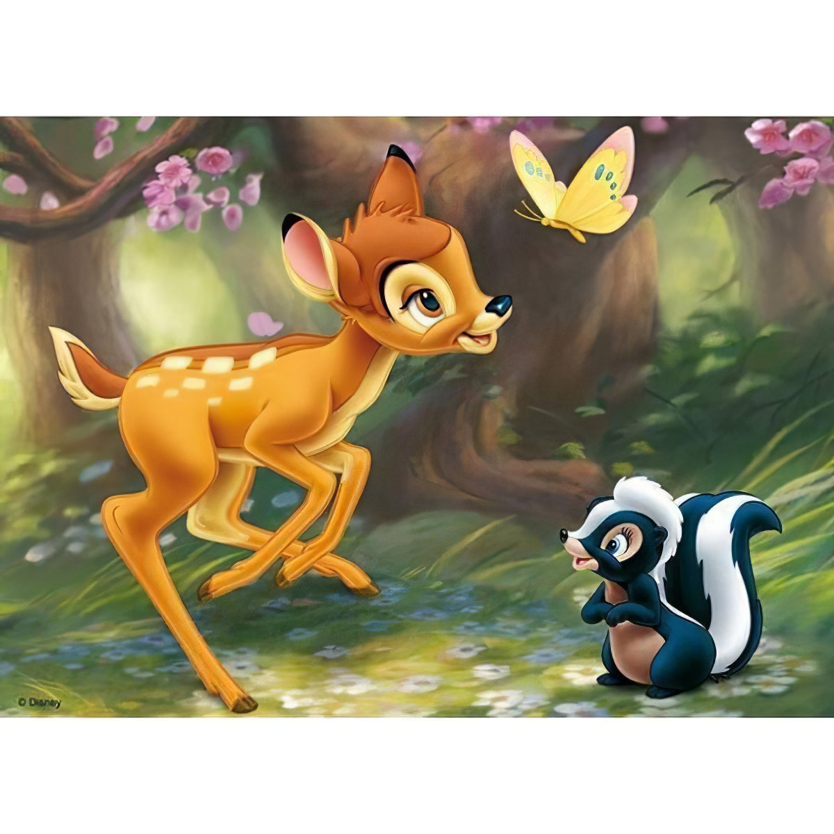 Un cuadro de diamantes de Bambi de Disney jugando con sus amigos