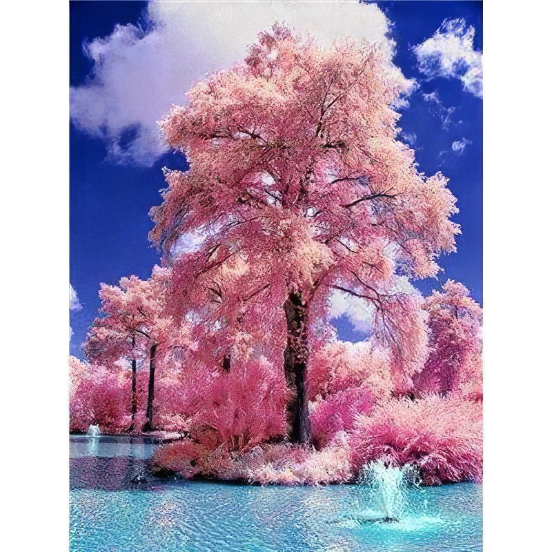 Una pintura de diamantes llamado 'Árbol rosa en el río' - Meencantalapinturadediamantes