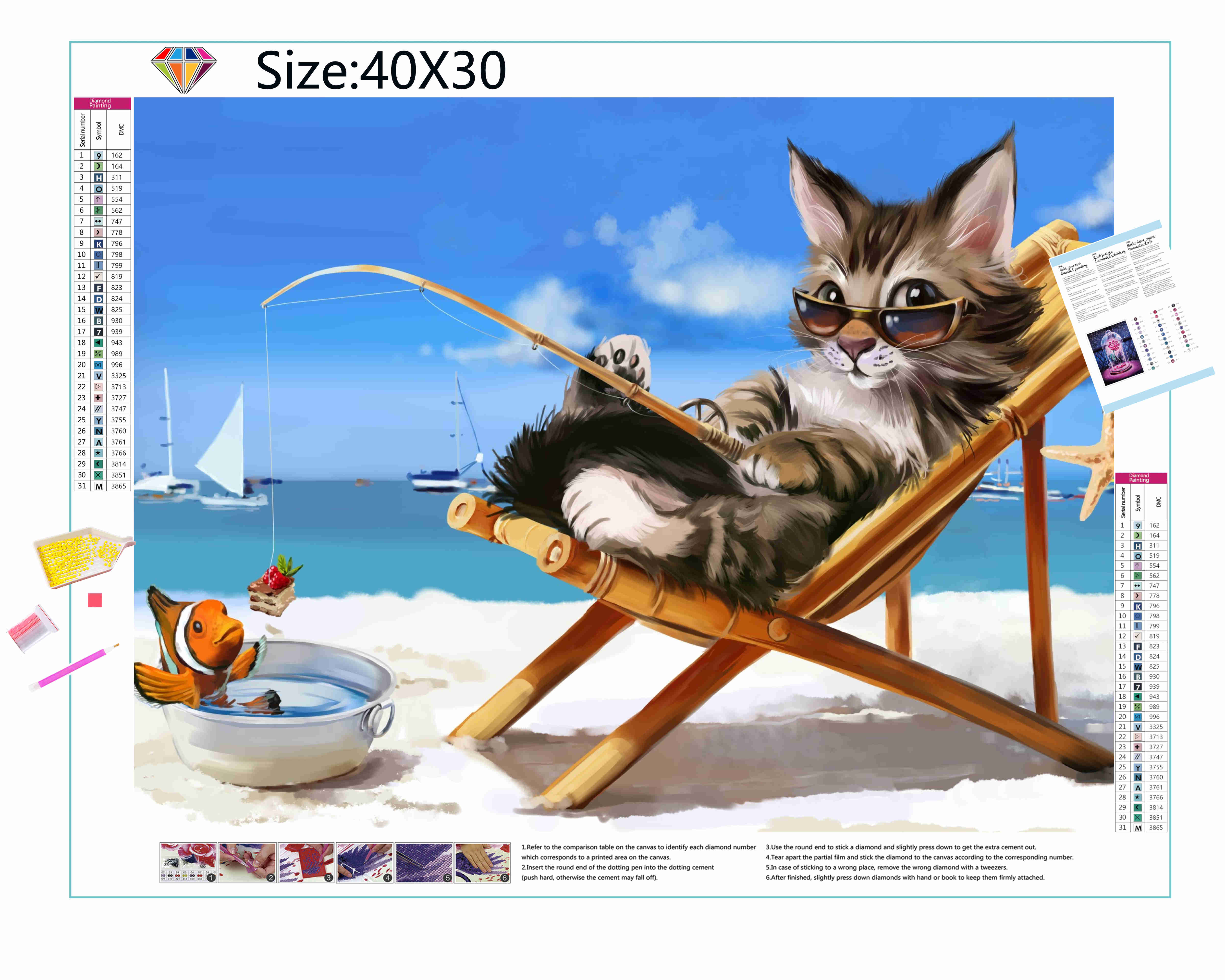 Una pintura de diamantes llamado 'Gato Pescador Junto Al Mar' - Meencantalapinturadediamantes