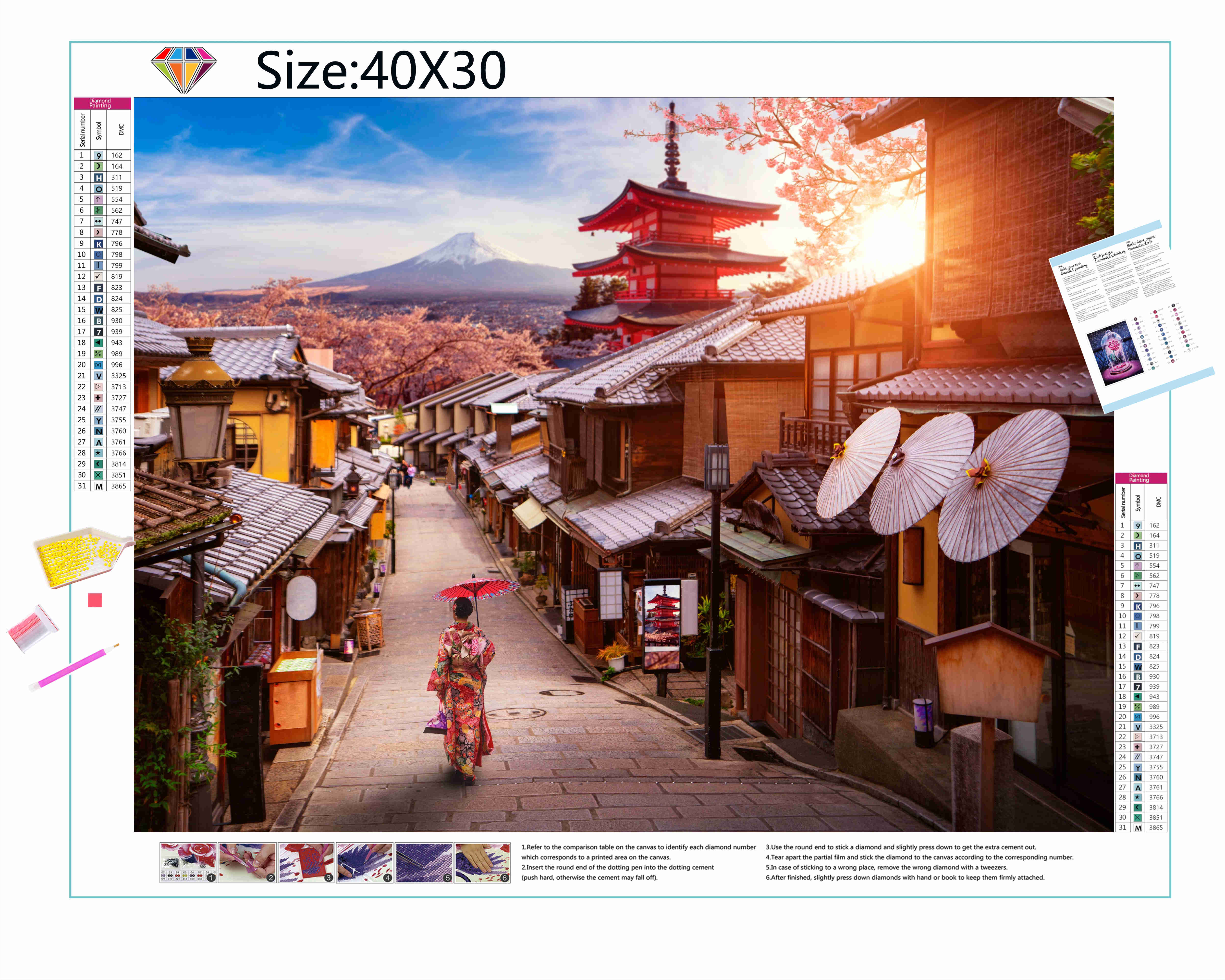 Una pintura de diamantes llamado 'Paisaje japonés con chica en kimono' - Meencantalapinturadediamantes