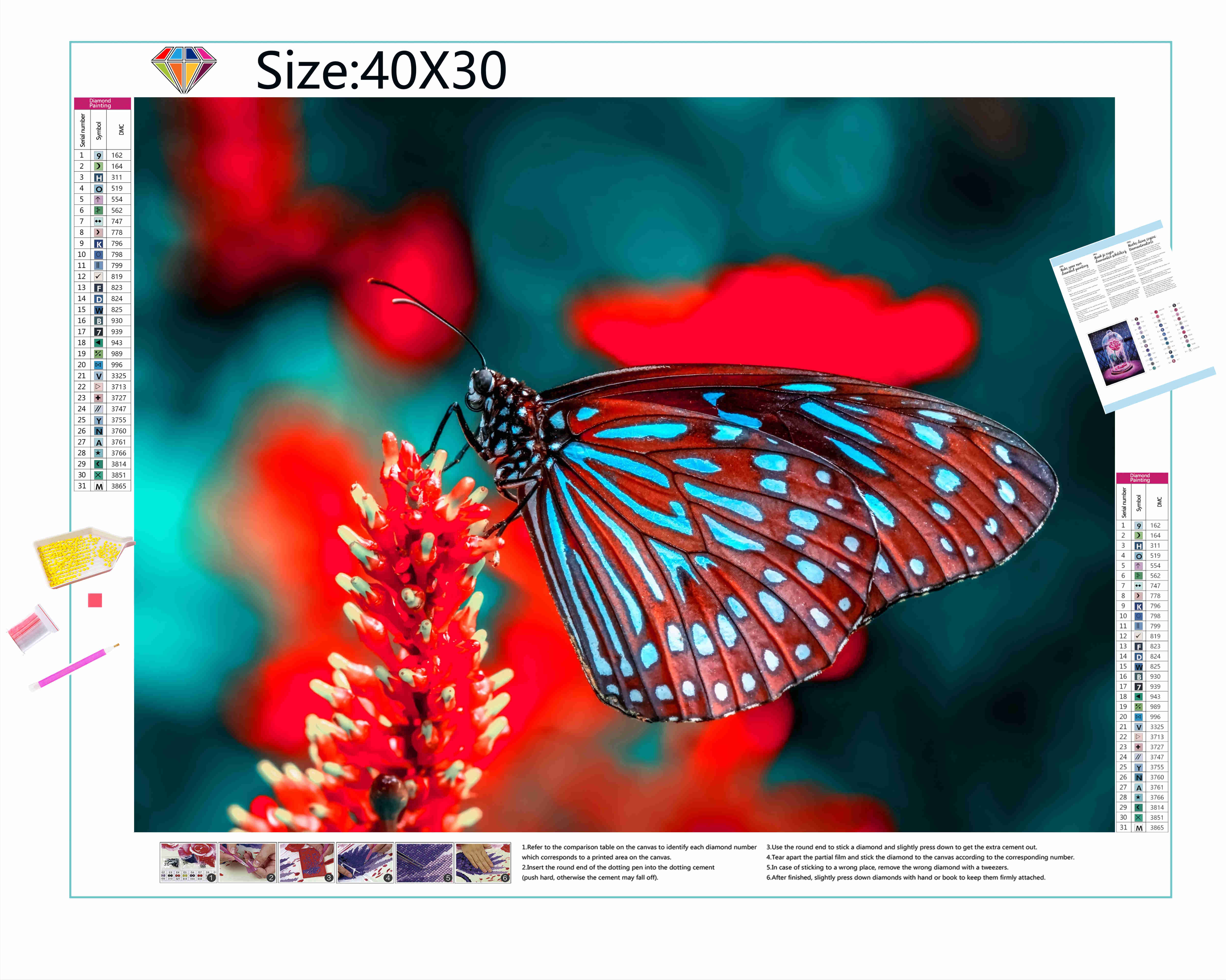Una pintura de diamantes llamado 'Bonita mariposa roja y cian' - Meencantalapinturadediamantes