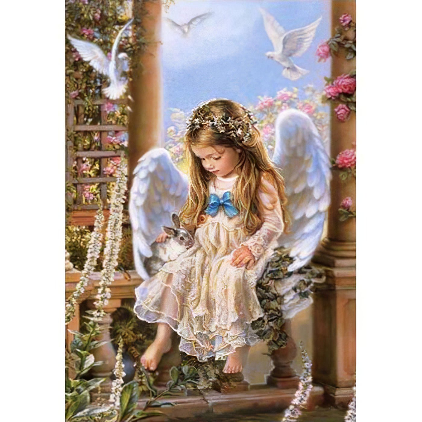 Una pintura de diamantes llamado 'Hermosa niña ángel y sus mascotas' - Meencantalapinturadediamantes