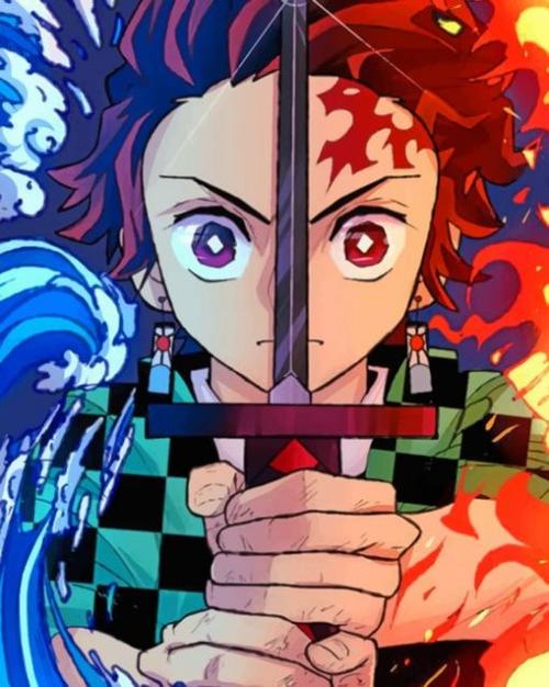 Una pintura de diamantes llamado 'Kimetsu no Yaiba - Hinokami Kagura y Respiración del Agu' - Meencantalapinturadediamantes