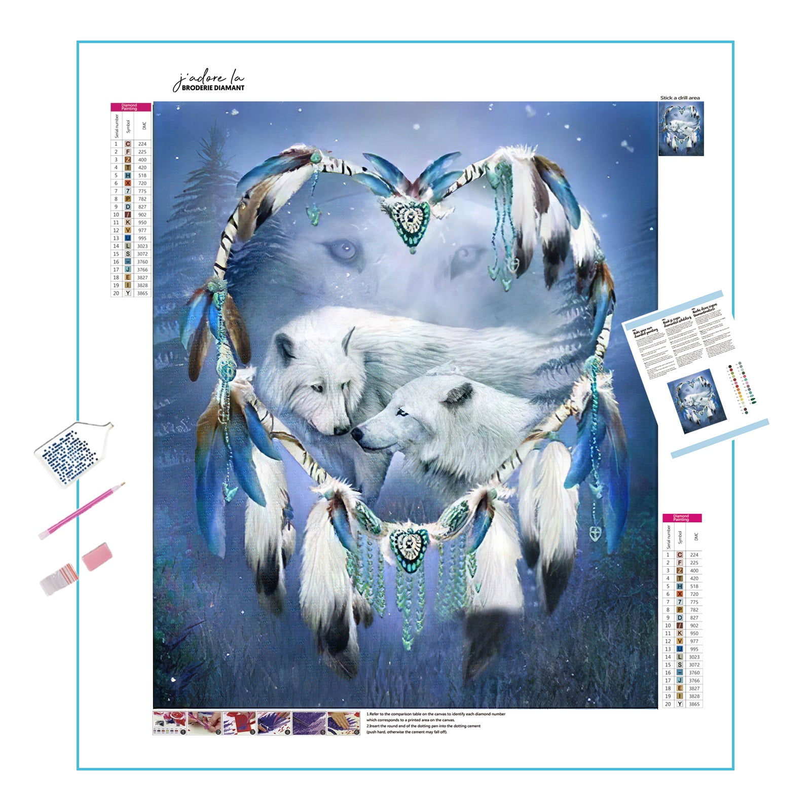 Una pintura de diamantes llamado 'Lobos blancos y atrapasueños' - Meencantalapinturadediamantes