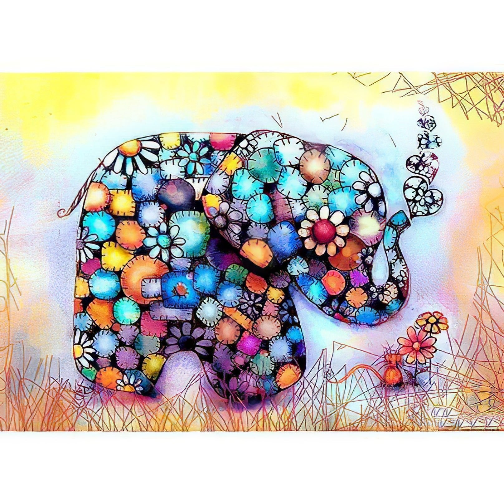 Una pintura de diamantes llamado 'Un elefante decorado con flores multicolores' - Meencantalapinturadediamantes