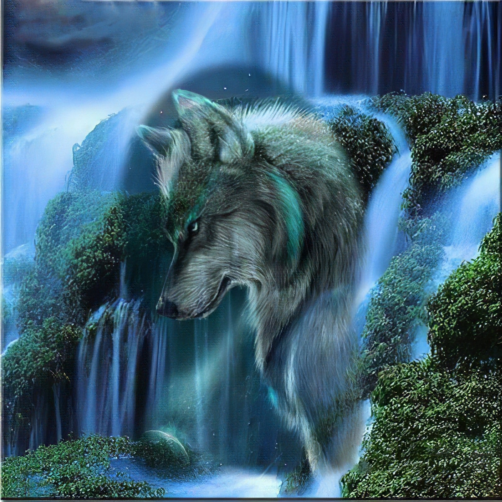 Una pintura de diamantes llamado 'Un lobo al borde de una cascada' - Meencantalapinturadediamantes