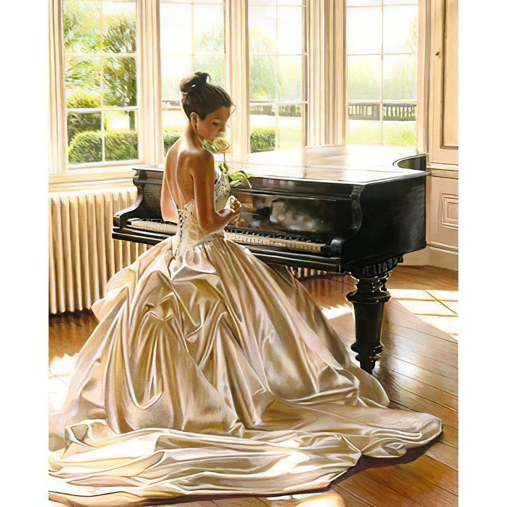 Una pintura de diamantes llamado 'Une Jeune Fille avec sa Magnifique Robe Jouant du Piano' - Meencantalapinturadediamantes