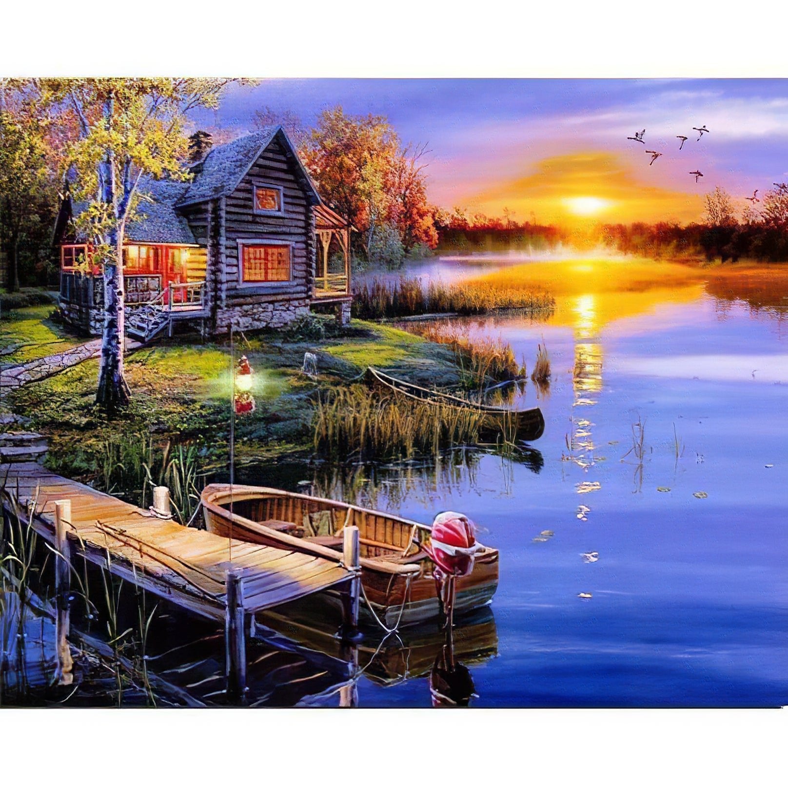 Una pintura de diamantes llamado 'Une Maison au Bord d'un Lac au Coucher du Soleil' - Meencantalapinturadediamantes